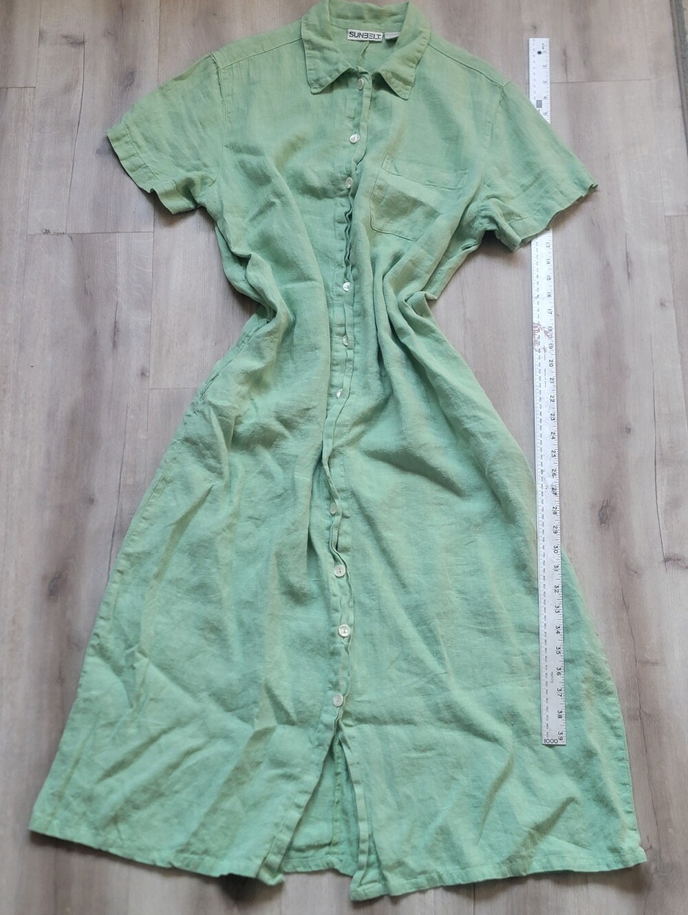 Vintage Sunbelt 100% Linen Button Up Shirt Dress Sage Green L Pockets Mexico